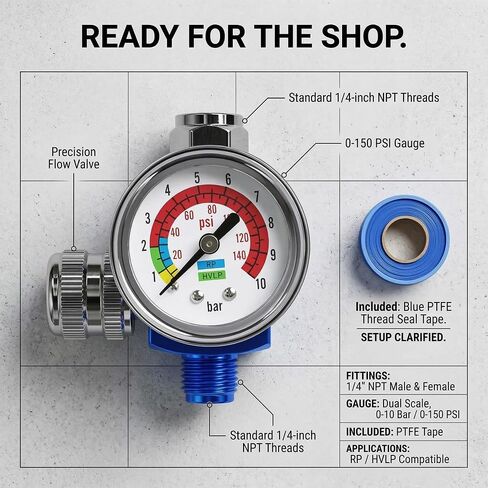 LE LEMATEC Paint Spray Gun Air Pressure Regulator with Gauge, 1/4 NPT | 0-150 PSI flow control valve, inline compressor fitting, HVLP & pneumatic tools, tire inflation, automotive use in Kuwait