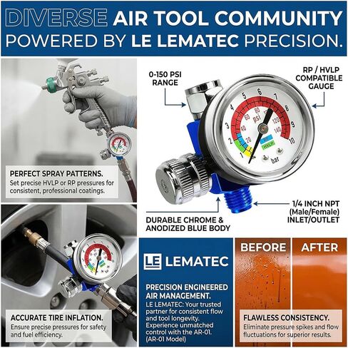 LE LEMATEC Paint Spray Gun Air Pressure Regulator with Gauge, 1/4 NPT | 0-150 PSI flow control valve, inline compressor fitting, HVLP & pneumatic tools, tire inflation, automotive use in Kuwait