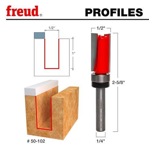 Freud 50-102: 1/2" (Dia.) Top Bearing Flush Trim Bit | 2 Cutters, 24000 RPM, 3 Flutes, Ideal for Template Routing, Sign Lettering, Pattern Work, Veneered Plywood - 50-102 in Kuwait