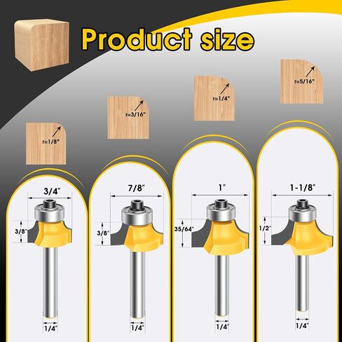 4PCS Router Bit Set Feanron Router Bits 1/4 inch Shank, Roundover Router Bit Cutting Diameter in 1/8", 1/4", 3/16", 5/16", CNC Router Bits Edging Cutter for Woodworking Forming Molding Profiling in Kuwait