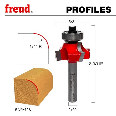 Freud Quadra-Cut Radius Rounding Over Bit with Perma-Shield Coating for Flawless Finish - 4 Cutters, 1/4" Shank Dia., 1/4" Radius, 2-3/16" Length - 34-110 in Kuwait