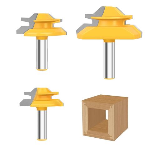 Pynsseu 45 Degree Lock Miter Router Bit 1/4 Inch Shank 3 Pcs Joint Router Bit Set, Carbide Steel Router Bits for Woodworking, Wood Milling Cutter for Making Miter Joint 1/2", 5/8", 3/4" Cutting Height in Kuwait