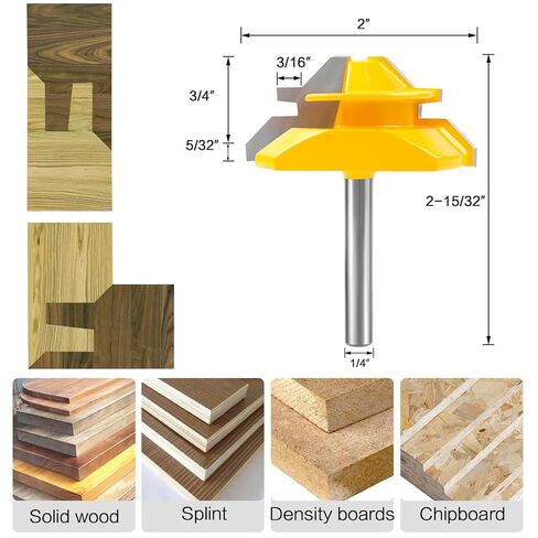 45 Degree Lock Miter Router Bit, 1/4 Inch Shank, 1/2", 5/8", 3/4" Cutting Height Joint Router Bits with Heavy Auto Positioning Center Punch, Easy to Create Lock Miter Joint (3) in Kuwait