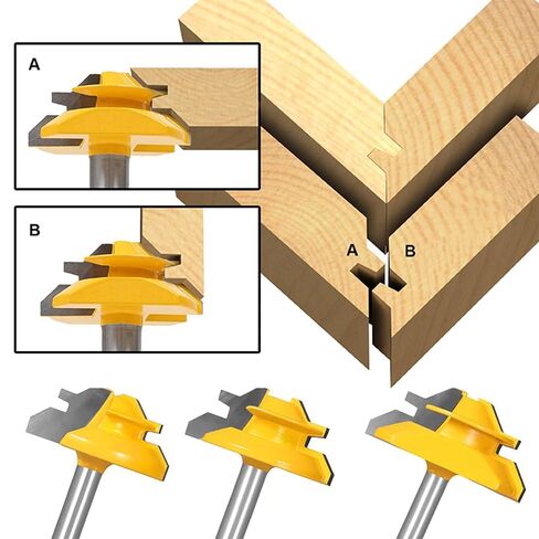 45 Degree Lock Miter Router Bit, 1/4 Inch Shank, 1/2", 5/8", 3/4" Cutting Height Joint Router Bits with Heavy Auto Positioning Center Punch, Easy to Create Lock Miter Joint (3) in Kuwait