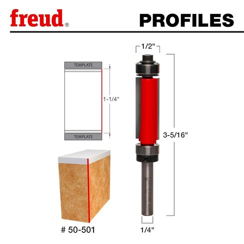 Freud 1/2" Top & Bottom Bearing Flush Trim Router Bit with Tico Hi-Density Carbide for Maximum Performance - Ideal for Template Work & Laminate Routing, 1/2" Diameter, 1/4" Shank, 2 Cutters - 50-501 in Kuwait