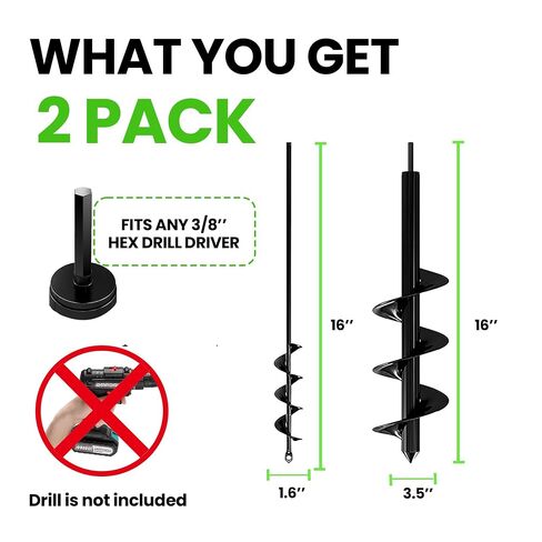 K-Brands Auger Drill Bit for Planting 2 Pack 1.6 x 16 Inch & 3.5 x 16 Inch Set – Garden Spiral Hole and Bulb Planter Tool for Umbrella Holes - Compatible with 3/8 Inch Hex Drive in Kuwait