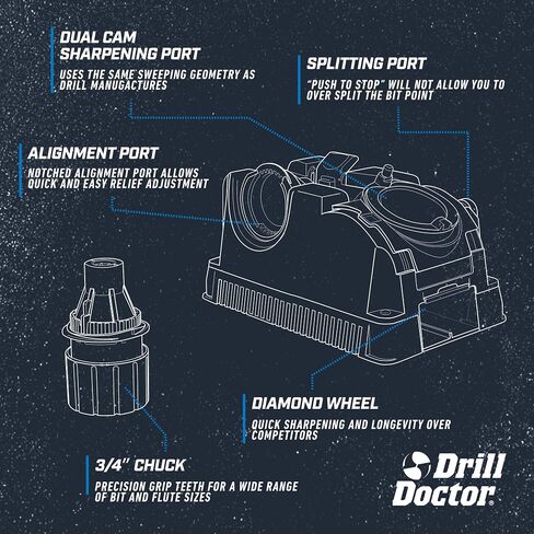Drill Doctor DD750X Electric Drill Bit Sharpener, 3/32-3/4" High-Speed, Portable - Steel, Masonry, Carbide, Cobalt, Tin-Coated Bits, Adjustable Angles in Kuwait