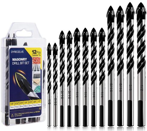 DYRECELVE 12-Piece Masonry Drill Bit Set and Concrete Drill Bit Set | Carbide Tile Drill Bits and Brick Drill Bit, 7 Sizes 1/8 to 1/2 Inch for Cement, Ceramic, Glass, Wood and Plastic in Kuwait