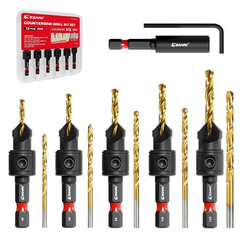 EZARC Countersink Drill Bit Set, 12PCS 2-Flute Adjustable Bits for Wood | Titanium-Coated HSS Bits, Sizes #4, #6, #8, #10, #12, Magnetic Extension Bit Holder, 1/4" Hex Shank, Storage Case in Kuwait