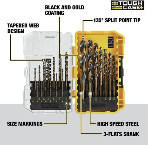 DEWALT Drill Bit Set, 21 Pc High Speed Steel DEWALT Bits, Black and Gold Oxide Coated, 135 Degree Split Point, 31 Degree Helix (DWA1181) in Kuwait