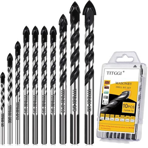 10-Piece Masonry Drill Bit Set & Concrete Drill Bit Set, 7 Sizes, 1/8"-1/2" | Carbide Drill Bits for Tile, Ceramic, Glass, Cement & Brick, Bath & Kitchen, Dual U-Groove, 3-Flat Shank, Standard Drill Fit in Kuwait