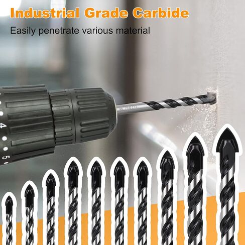 10-Piece Masonry Drill Bit Set & Concrete Drill Bit Set, 7 Sizes, 1/8"-1/2" | Carbide Drill Bits for Tile, Ceramic, Glass, Cement & Brick, Bath & Kitchen, Dual U-Groove, 3-Flat Shank, Standard Drill Fit in Kuwait