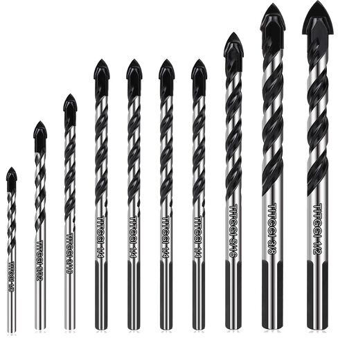 10-Piece Masonry Drill Bit Set & Concrete Drill Bit Set, 7 Sizes, 1/8"-1/2" | Carbide Drill Bits for Tile, Ceramic, Glass, Cement & Brick, Bath & Kitchen, Dual U-Groove, 3-Flat Shank, Standard Drill Fit in Kuwait