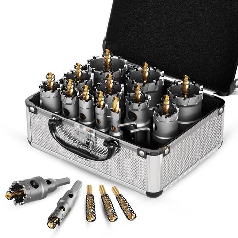 GSTK Upgrade Heavy Duty Carbide Hole Saw 14 Pcs,Metal Steel Hole Saw Drill Bit,TCT Hole Cutter,Alloy Hardness Upgrade, with 2*Extra Titanium Plated Pilot Center Drill and 2*L-Wrench in Kuwait