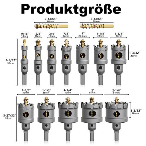 GSTK Upgrade Heavy Duty Carbide Hole Saw 14 Pcs,Metal Steel Hole Saw Drill Bit,TCT Hole Cutter,Alloy Hardness Upgrade, with 2*Extra Titanium Plated Pilot Center Drill and 2*L-Wrench in Kuwait