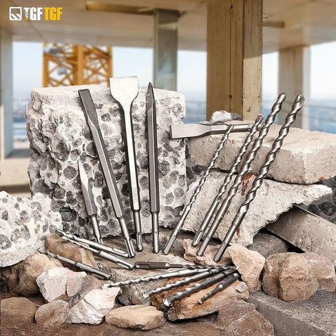 TGFTGF 17-Piece SDS Plus Rotary Hammer Drill Bits and Chisel Set, YG8C Carbide Tips, SDS Plus Bits, Masonry Drill Bit Set for Concrete, Brick and Stone, with Storage Case, Ideal Tool for DIY, Home in Kuwait