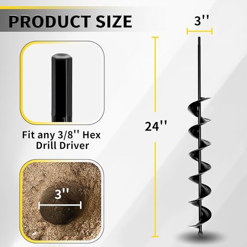 3" x 24" Garden Auger Drill Bit for Planting and Post Hole Digging - Upgraded Spiral Design, Solid Shaft - Hex Driver Drill Compatible in Kuwait