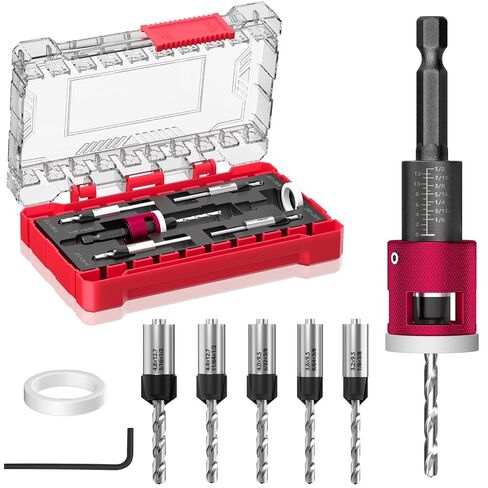 BURMONG 5-Piece Countersink Drill Bit Set with Adjustable Depth Stop, 1/4" Hex Shank Quick Change Drilling Tool Kit, 82° Woodworking Chamfer Bits for Wood, Plywood, MDF, Plastic in Kuwait