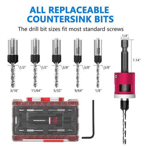 BURMONG 5-Piece Countersink Drill Bit Set with Adjustable Depth Stop, 1/4" Hex Shank Quick Change Drilling Tool Kit, 82° Woodworking Chamfer Bits for Wood, Plywood, MDF, Plastic in Kuwait