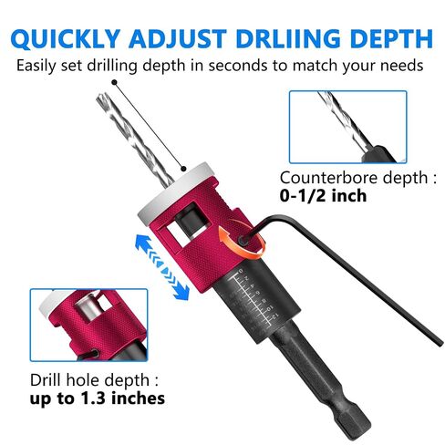 BURMONG 5-Piece Countersink Drill Bit Set with Adjustable Depth Stop, 1/4" Hex Shank Quick Change Drilling Tool Kit, 82° Woodworking Chamfer Bits for Wood, Plywood, MDF, Plastic in Kuwait