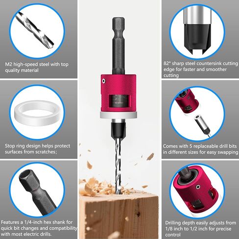 BURMONG 5-Piece Countersink Drill Bit Set with Adjustable Depth Stop, 1/4" Hex Shank Quick Change Drilling Tool Kit, 82° Woodworking Chamfer Bits for Wood, Plywood, MDF, Plastic in Kuwait