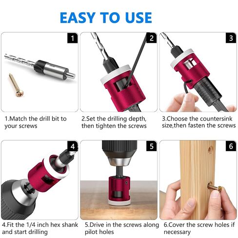 BURMONG 5-Piece Countersink Drill Bit Set with Adjustable Depth Stop, 1/4" Hex Shank Quick Change Drilling Tool Kit, 82° Woodworking Chamfer Bits for Wood, Plywood, MDF, Plastic in Kuwait