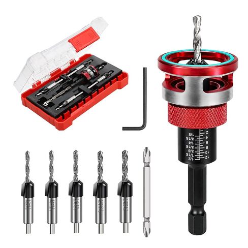 7-Piece Countersink Drill Bit Set with Aluminum Alloy Stop Collar, a Screwdriver Bit, 5 HSS M2 Bits and a Wrench, 1/4" Hex Shank Countersink Drill Bit for Woodworking in Kuwait