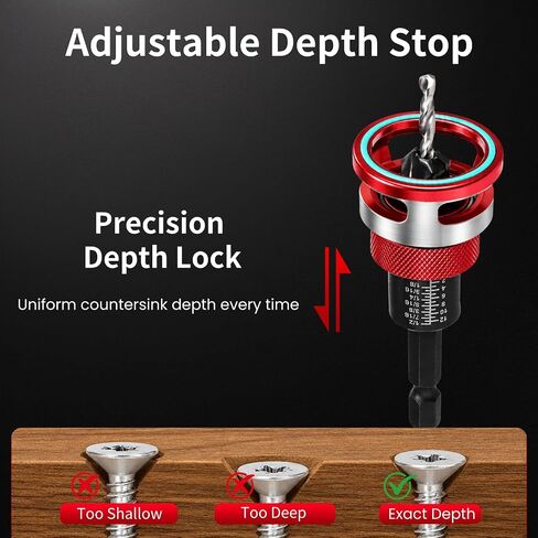 7-Piece Countersink Drill Bit Set with Aluminum Alloy Stop Collar, a Screwdriver Bit, 5 HSS M2 Bits and a Wrench, 1/4" Hex Shank Countersink Drill Bit for Woodworking in Kuwait