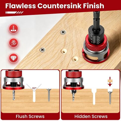 7-Piece Countersink Drill Bit Set with Aluminum Alloy Stop Collar, a Screwdriver Bit, 5 HSS M2 Bits and a Wrench, 1/4" Hex Shank Countersink Drill Bit for Woodworking in Kuwait