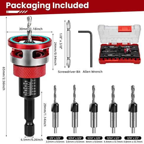 7-Piece Countersink Drill Bit Set with Aluminum Alloy Stop Collar, a Screwdriver Bit, 5 HSS M2 Bits and a Wrench, 1/4" Hex Shank Countersink Drill Bit for Woodworking in Kuwait
