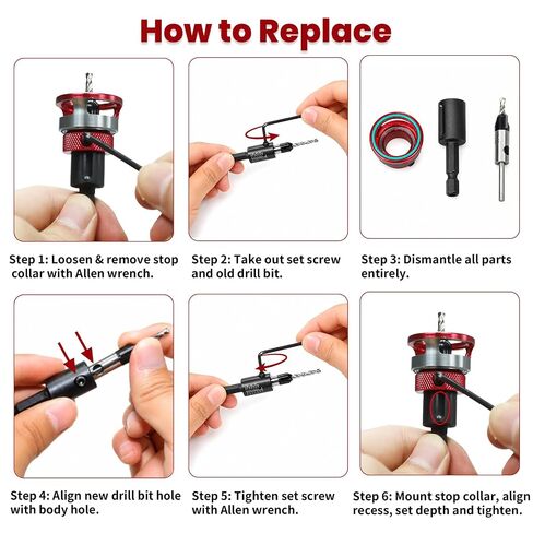 7-Piece Countersink Drill Bit Set with Aluminum Alloy Stop Collar, a Screwdriver Bit, 5 HSS M2 Bits and a Wrench, 1/4" Hex Shank Countersink Drill Bit for Woodworking in Kuwait