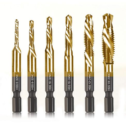 6 Packs Titanium Combination Drill & Taps Bit Set SAE 6-32nc 8-32nc 10-32nc 10-24nc 12-24nc 1/4-20nc. in Kuwait