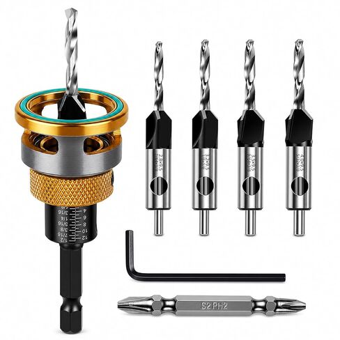 Countersink Drill Bit Set with Depth Stop 4PCS, HCS Four Blades Wood Countersink Bits with Adjustable Depth Stop, L Shape Wrench and S2 PH2 Screwdriver Bit for Wood, Plastic, Woodworking in Kuwait
