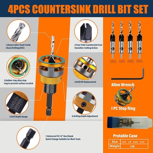 Countersink Drill Bit Set with Depth Stop 4PCS, HCS Four Blades Wood Countersink Bits with Adjustable Depth Stop, L Shape Wrench and S2 PH2 Screwdriver Bit for Wood, Plastic, Woodworking in Kuwait