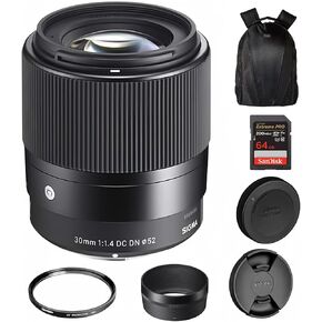 Sigma 30mm f/1.4 DC DN Contemporary Lens for Sony E, Rounded 9-Blade Bundle | Sigma Bundle includes rounded 9-Blade Diaphragm, Tiffen 52mm UV Protector, 64GB Extreme PRO Memory Card, and Camera Bag Kit in Kuwait