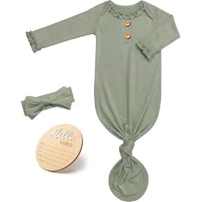 Newborn Knotted Gown for Baby Girls with Ruffle Neck, Infant Sleepers Buttons Gown with Bow Headband & Announcement Sign in Kuwait