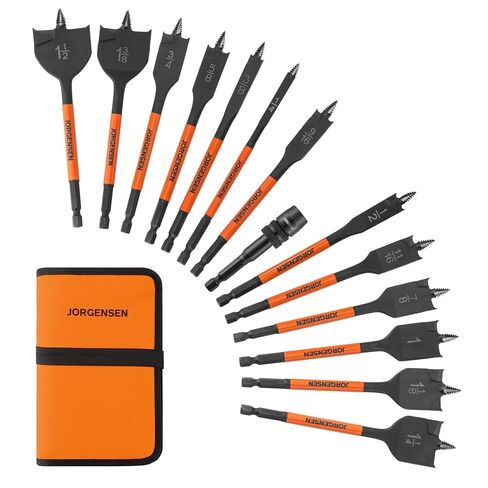 Jorgensen 14-Piece Spade Drill Bit Set with Quick-Load Connector, High-Performance Carbon Steel Paddle Bits for Woodworking, Self-Feeding Threaded Tip, Assorted Bits 1/4" to 1-1/2" with Storage Pouch in Kuwait