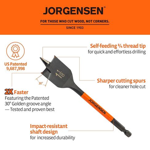 Jorgensen 14-Piece Spade Drill Bit Set with Quick-Load Connector, High-Performance Carbon Steel Paddle Bits for Woodworking, Self-Feeding Threaded Tip, Assorted Bits 1/4" to 1-1/2" with Storage Pouch in Kuwait