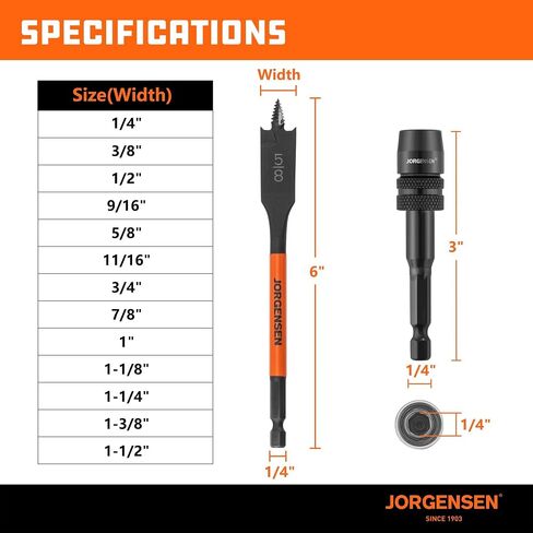 Jorgensen 14-Piece Spade Drill Bit Set with Quick-Load Connector, High-Performance Carbon Steel Paddle Bits for Woodworking, Self-Feeding Threaded Tip, Assorted Bits 1/4" to 1-1/2" with Storage Pouch in Kuwait