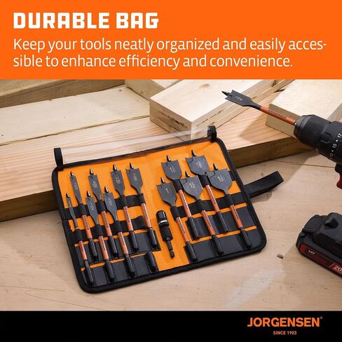 Jorgensen 14-Piece Spade Drill Bit Set with Quick-Load Connector, High-Performance Carbon Steel Paddle Bits for Woodworking, Self-Feeding Threaded Tip, Assorted Bits 1/4" to 1-1/2" with Storage Pouch in Kuwait