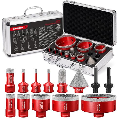 DAYDOOR Diamond Hole Saw Kit, 15-Piece Tile Hole Saw Kit Vacuum Brazed(Red) | Core Drill Bits for Porcelain Tile, Granite, Marble, Stone,Ceramic, Pottery Granite,Glass Bottles, Wet/Dry, Easy Cutting in Kuwait