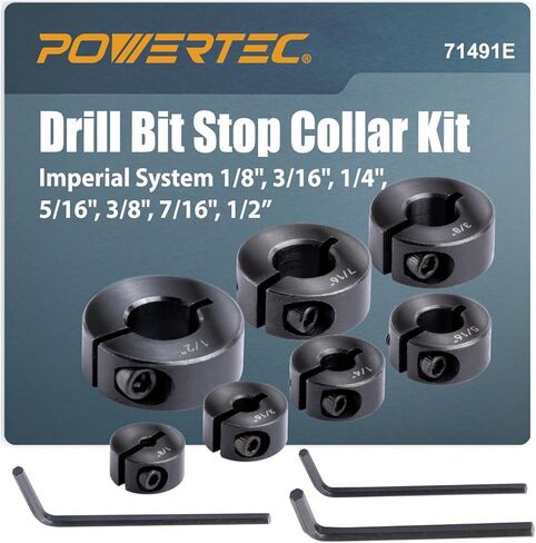 POWERTEC Drill Bit Stop Collar Set, 7 Piece Set Adjustable Drill Bit Depth Stopper with Allen Wrench, Bit Stop with Imperial System Size Markings - 1/8", 3/16", 1/4", 5/16", 3/8", 7/16", 1/2" (71491E) in Kuwait