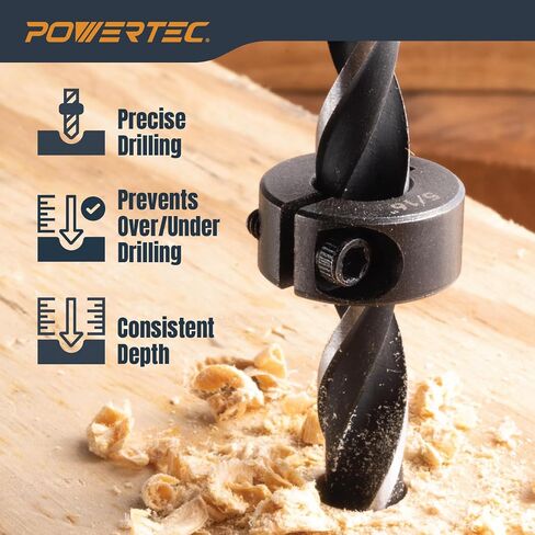 POWERTEC Drill Bit Stop Collar Set, 7 Piece Set Adjustable Drill Bit Depth Stopper with Allen Wrench, Bit Stop with Imperial System Size Markings - 1/8", 3/16", 1/4", 5/16", 3/8", 7/16", 1/2" (71491E) in Kuwait
