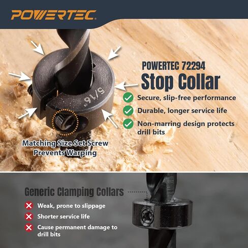 POWERTEC Drill Bit Stop Collar Set, 7 Piece Set Adjustable Drill Bit Depth Stopper with Allen Wrench, Bit Stop with Imperial System Size Markings - 1/8", 3/16", 1/4", 5/16", 3/8", 7/16", 1/2" (71491E) in Kuwait