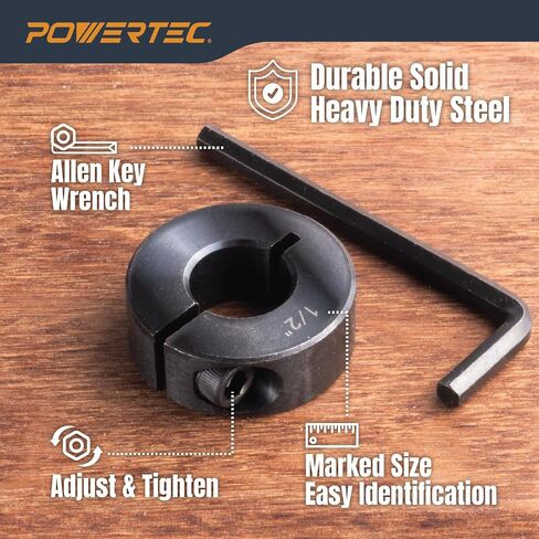 POWERTEC Drill Bit Stop Collar Set, 7 Piece Set Adjustable Drill Bit Depth Stopper with Allen Wrench, Bit Stop with Imperial System Size Markings - 1/8", 3/16", 1/4", 5/16", 3/8", 7/16", 1/2" (71491E) in Kuwait