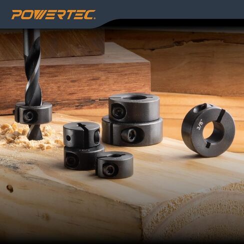 POWERTEC Drill Bit Stop Collar Set, 7 Piece Set Adjustable Drill Bit Depth Stopper with Allen Wrench, Bit Stop with Imperial System Size Markings - 1/8", 3/16", 1/4", 5/16", 3/8", 7/16", 1/2" (71491E) in Kuwait