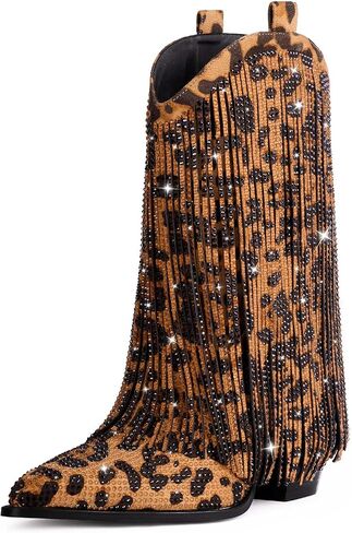 Ouepiano Cowboy Boots for Women Cowgirl Boots with Sparkly Fringe in Kuwait