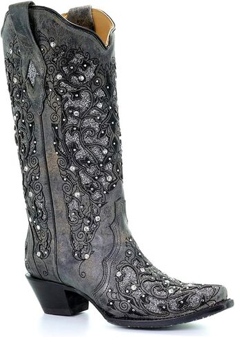 Corral Boots Womens Studded Tooled Inlay Glitter Snip Toe Casual Boots Mid Calf Mid Heel 2-3" in Kuwait