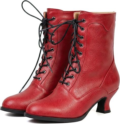 Women's Victorian Ankle Boots - Mid Calf, Round Toe, Black Boots with Chunky Heel & Lace Up Detail in Saudi Arabia