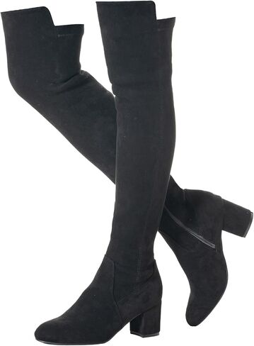 Mtzyoa Women's Over The Knee Boots, Stretch Synthetic Suede, Round Toe, 2.5 Inch Block Heel, Brown, Black, Beige, Fashion Evening Boots, Size 9 in Kuwait